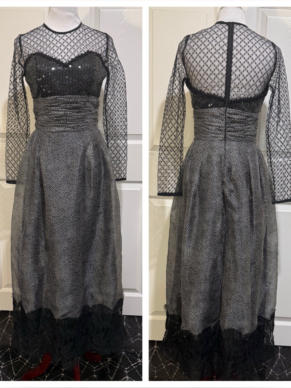 Vintage Liancarlo Silk Sequin Bustier Floral Chantilly Lace Hem Gown